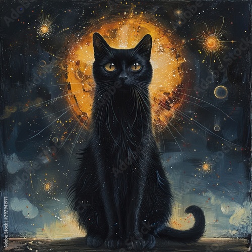 A black cat sits in front of a full moon. The cat's fur is long and black, its eyes are yellow, and it has a white star on its chest. The moon is orange and has a black cat-shaped marking in the cente