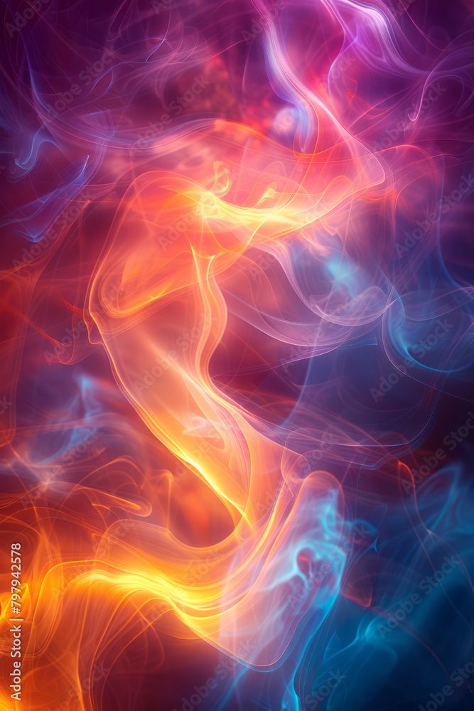 An abstract depiction of electron clouds around an atom, illustrated with vibrant, swirling colors,