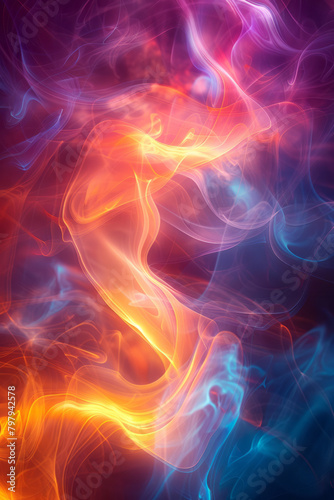 An abstract depiction of electron clouds around an atom, illustrated with vibrant, swirling colors,