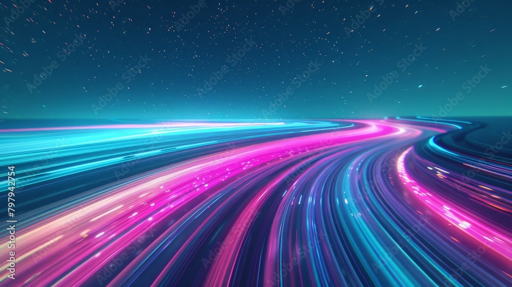 Abstract digital art of neon light streams in blue and pink, curving and flowing with a sense of motion against a starry night sky backdrop.