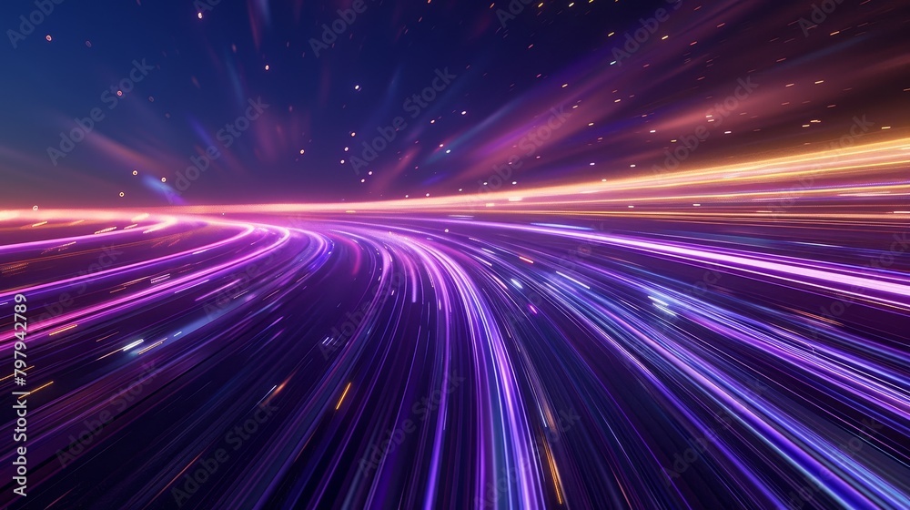 Abstract image illustrating a radiant stream of purple and orange light lines that give the impression of high-speed movement through a star-filled cosmic sky.