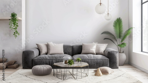 Minimalist modern living room with low-profile slate gray sofa, cream shag rug, crisp white walls, geometric coffee table, and potted plants for warmth. photo