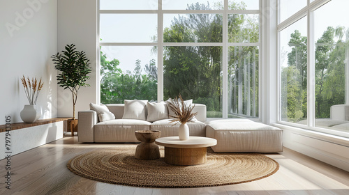 Minimalist living room with neutral colors and natural materials. Beige linen sofa, clean lines, sisal rug. White lacquered coffee table, wood top photo