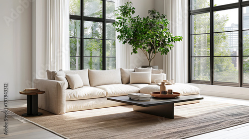Minimalist living room with neutral colors, natural accents. Beige sofa on sisal rug, sleek coffee table. Floor-to-ceiling windows, potted plant for greenery. Serene, inviting atmosphere. photo