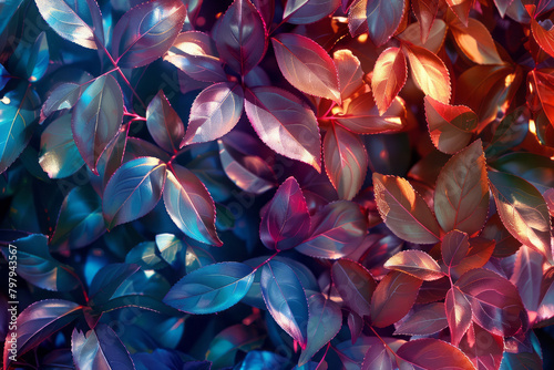 A seamless pattern of overlapping holographic leaves  reflecting a spectrum of colors with a metallic sheen 