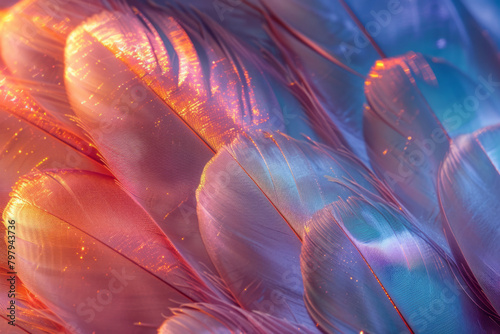 A pattern of holographic feathers, each reflecting light in a unique spectrum of colors, © Natalia