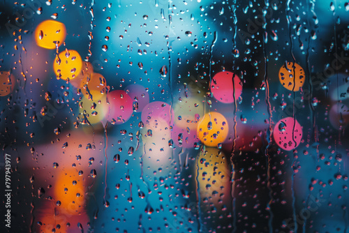 A design of holographic raindrops on a window, each drop reflecting a different color of the rainbow,