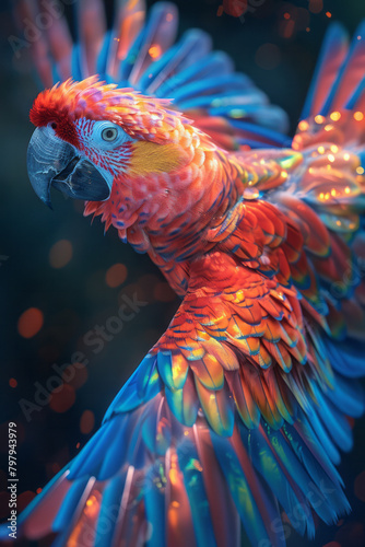 An artistic rendering of a holographic bird in flight, its feathers a blaze of iridescent colors,