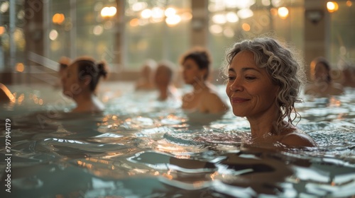 A group of seniors participating in a water aerobics class, enjoying low-impact exercise for joint health and fitness. photo
