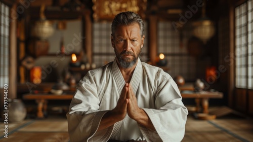 A man practicing martial arts in a dojo, mastering discipline and self-defense skills while staying active and fit.