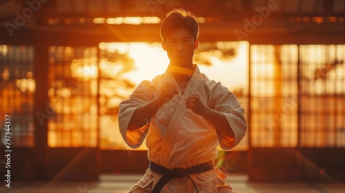 A man practicing martial arts in a dojo, mastering discipline and self-defense skills while staying active and fit.