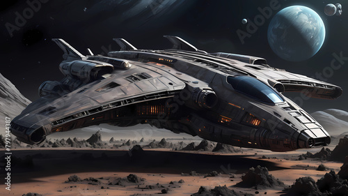 Wallpaper Mural futuristic starship ,hyper realistic, detailed render, extremely complex and advanced chassis, natural dirt and debris detail, scuffs, , Stunning details, dark hues, flying in the space Torontodigital.ca