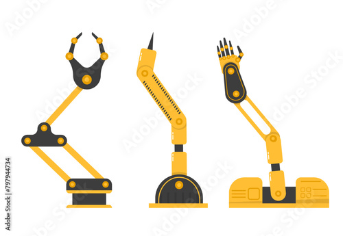 PNG  Manufacturing industry mechanical robot arm  machinery technology  factory machine hands. Set of robotic hand tools or industrial welding robots in a factory of a production line manufacturer. Ve