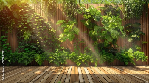 The terrace of an empty house has a wooden plank floor with walls planted with fresh green plants in a tropical style with sunlight shining through the trees.