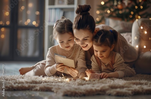 We love you. Smiling young woman getting presents from kids. Two cute twin daughters giving mom handmade greeting card. Little children lying on floor, hugging mommy and wishing her Happy Mother's Day photo