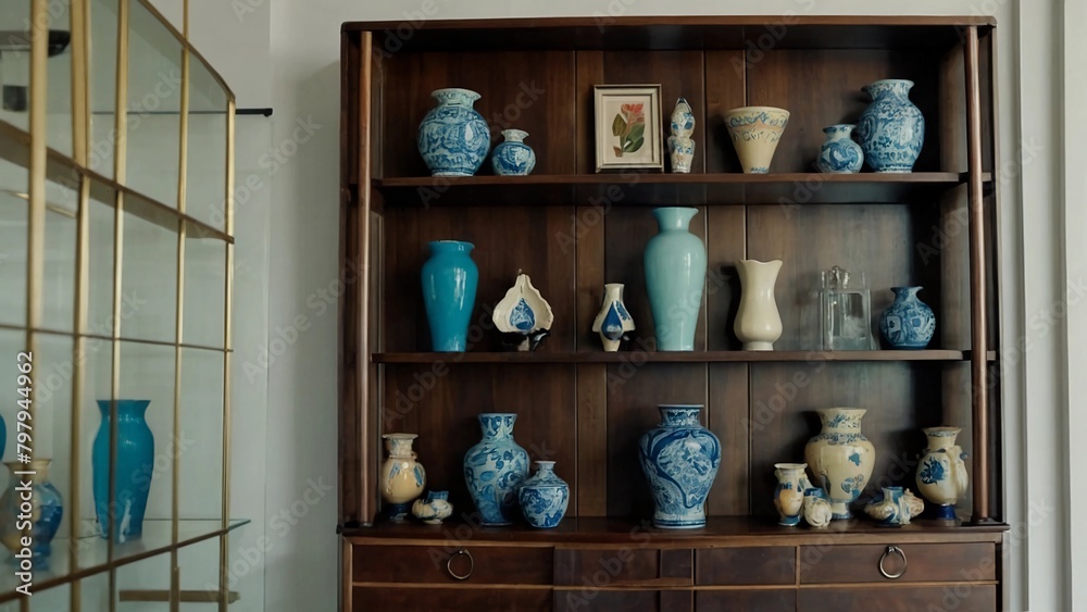 antique shop shelves,A wooden shelf with multiple vases of different shapes, sizes, and colors.