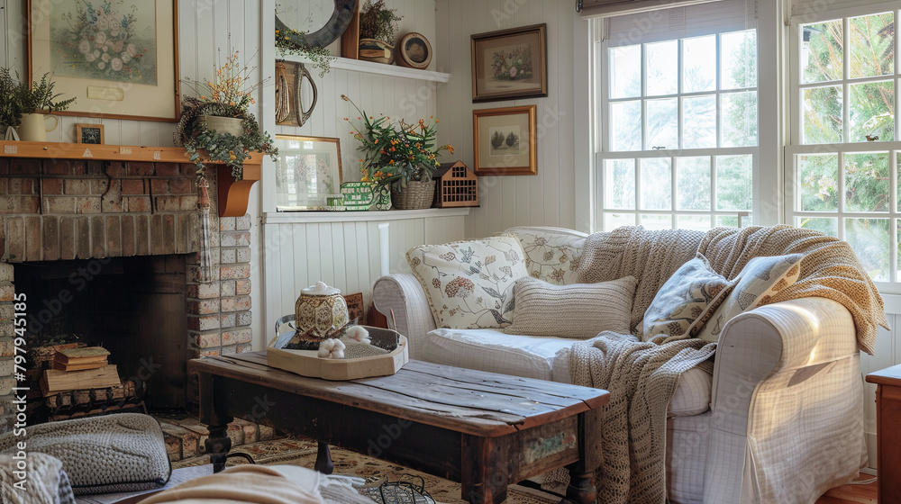 A cozy cottage-style living room with vintage charm, floral sofa, brick fireplace, knit throws, and rustic decor for a warm atmosphere.