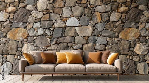 Comfortable sofas in the lounge area blend with the rustic stone wall design photo