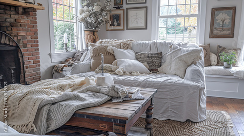 Cozy vintage living room with brick fireplace, slipcovered sofa, knit throw blankets, and rustic charm. Perfect for relaxing and reading. photo