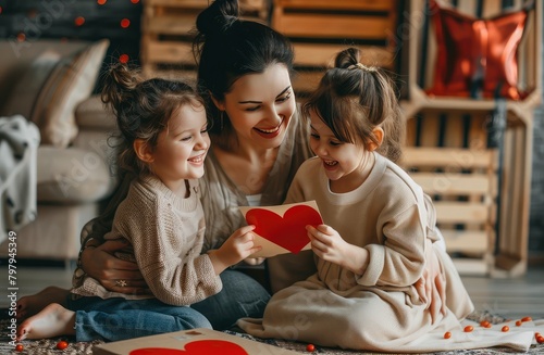 We love you. Smiling young woman getting presents from kids. Two cute twin daughters giving mom handmade greeting card. Little children lying on floor, hugging mommy and wishing her Happy Mother's Day photo