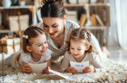 We love you. Smiling young woman getting presents from kids. Two cute twin daughters giving mom handmade greeting card. Little children lying on floor, hugging mommy and wishing her Happy Mother's Day
