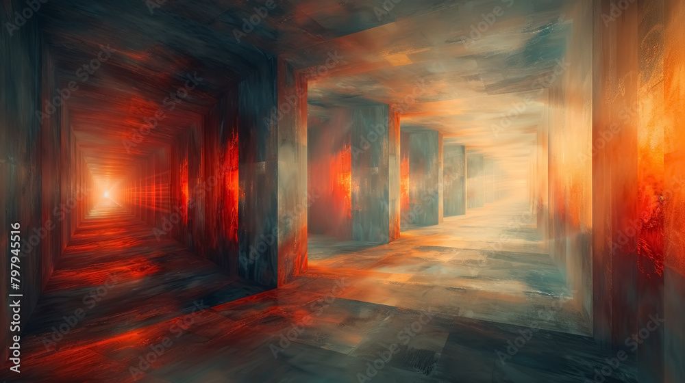 mystical corridor with glowing red lights, abstract art of a dramatic hallway