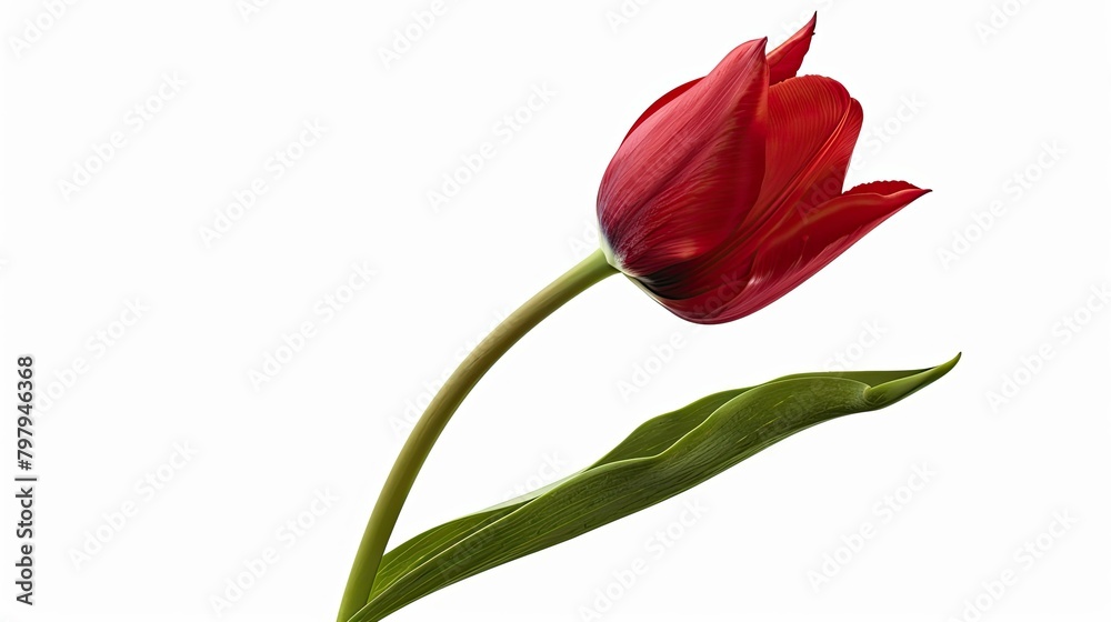 Capture the elegance of a single red tulip flower with a clipping path showcasing its side view This stunning bloom complete with leaves on its stem stands out against a clean white backgro