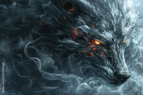 A fierce wolf with glowing eyes and fur flowing like smoke photo