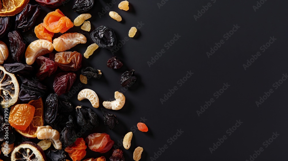 Beautiful mixture of dried fruits on a dark stone background. Food advertising. Banner, menu. Beautiful mixture of dried fruits on a dark stone background. Food advertising. Banner, menu.