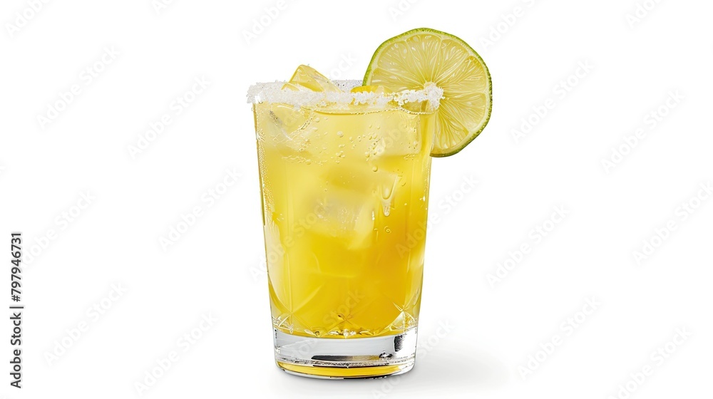A Tequila Margarita cocktail served on the rocks with a salted rim and a lime garnish elegantly presented in a pint glass against a crisp white background A Tequila Margarita cocktail served on the rocks with a salted rim and a lime garnish elegantly presented in a pint glass against a crisp white background