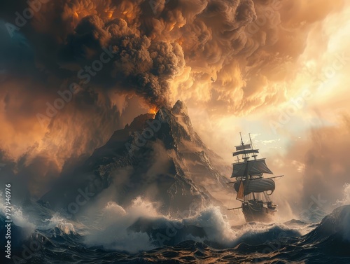 A ship sails towards a volcanic eruption