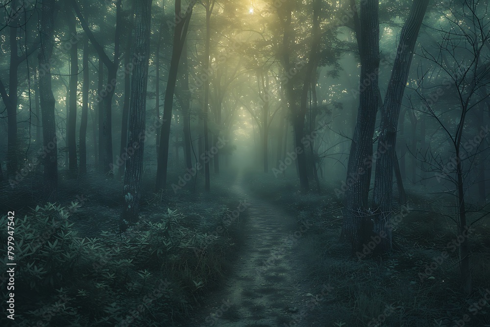 Mystic forest path shrouded in a light fog at sunrise, with sunlight filtering through the trees, creating an ethereal atmosphere in a long exposure photograph.
