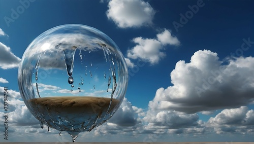 A sphere shaped like a drought, with the lower part resembling water, a dripping drop falls from the sphere, set against a blue sky with white clouds, surrealism art photo
