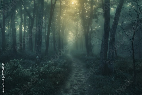 Mystic forest path shrouded in a light fog at sunrise  with sunlight filtering through the trees  creating an ethereal atmosphere in a long exposure photograph.