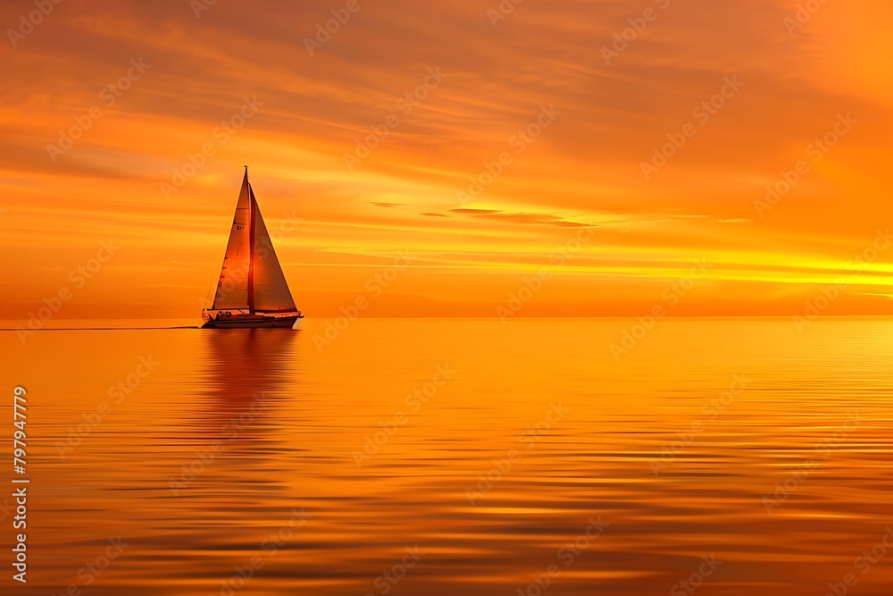 Nautical photograph of a lone sailboat gracefully cruising on a calm ocean at sunset, with a vibrant orange sky reflected in the water.