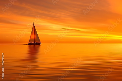 Nautical photograph of a lone sailboat gracefully cruising on a calm ocean at sunset, with a vibrant orange sky reflected in the water.