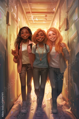 Young girls in school corridor