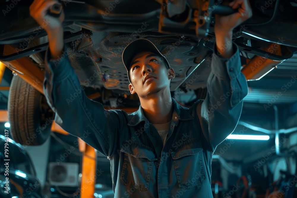 Naklejka premium Male car mechanic worker using wrench tool for maintenance and repair under car in garage