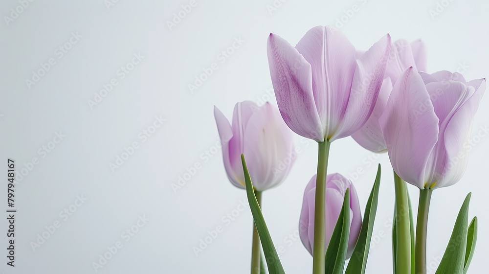 Lilac tulip blooms set against a crisp white backdrop Lilac tulip blooms set against a crisp white backdrop