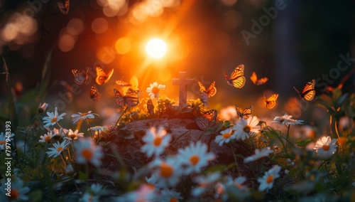 Enchanting Macro Exploration: Nocturnal Butterflies Embracing the Illumination of a Cross