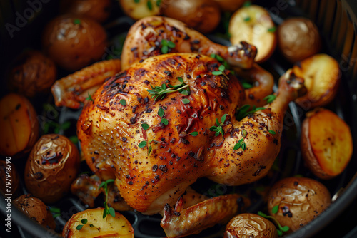 A whole chicken and potatoes cooked inside an air fryer