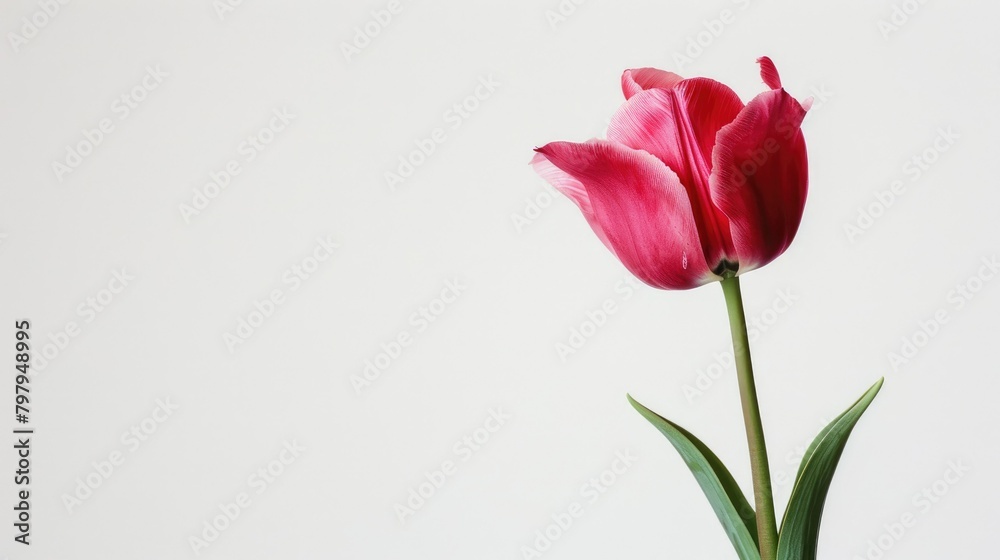 A striking pink tulip stands out against a pristine white backdrop elegantly displayed as a freshly cut floral arrangement A striking pink tulip stands out against a pristine white backdrop elegantly displayed as a freshly cut floral arrangement