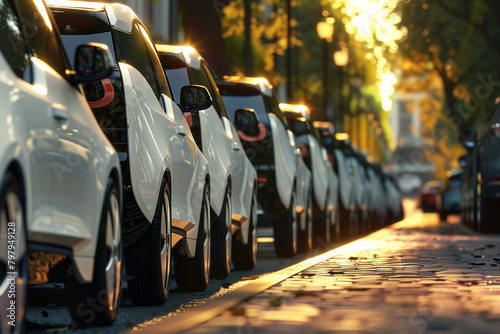 Parked cars lined up on a sunlit city street.