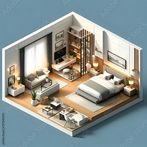 3D view of master bedroom, living area, 3d reinding. Bedroom design concept.