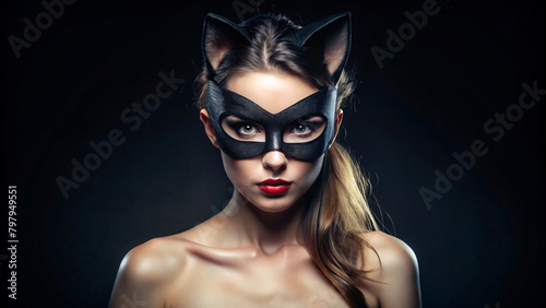 A masked model with dark beauty poses in a fashion portrait