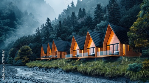 A captivating setting portraying a row of contemporary wooden cottages topped with black roofs, nestled amid lush forests in a humid and rainy atmosphere with fog