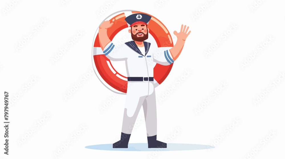 Cartoon sailor man holding a life preserver. the seaf