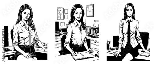Business woman in the office. Fictional Characters. Black and White Cartoon. Generated by Ai