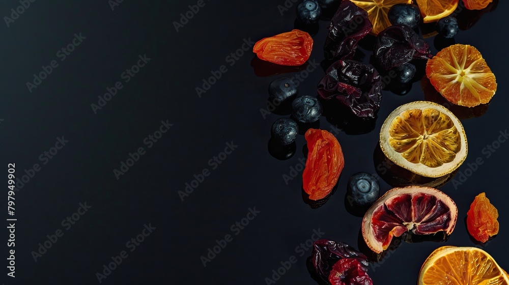 Beautiful mixture of dried fruits on a dark stone background. Food advertising. Banner, menu.