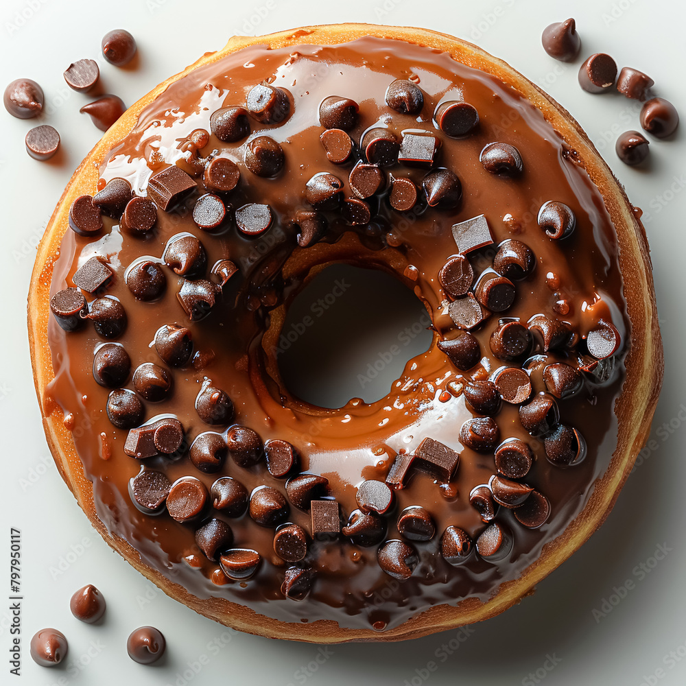 A decadent chocolate donut generously adorned with chocolate chips, indulging the senses with rich, cocoa goodness. A decadent chocolate donut generously adorned with chocolate chips, indulging the senses with rich, cocoa goodness.